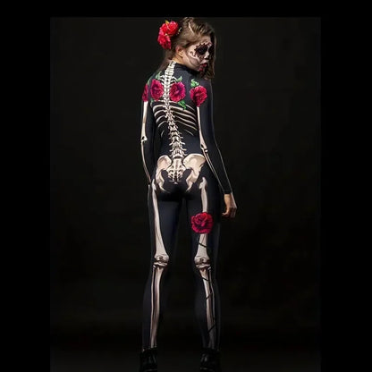 Girls Rose Skeleton Costume Ghost Bride Jumpsuit Halloween Printed Skeleton Dress Up Costume Ladies Scary Cosplay Costume
