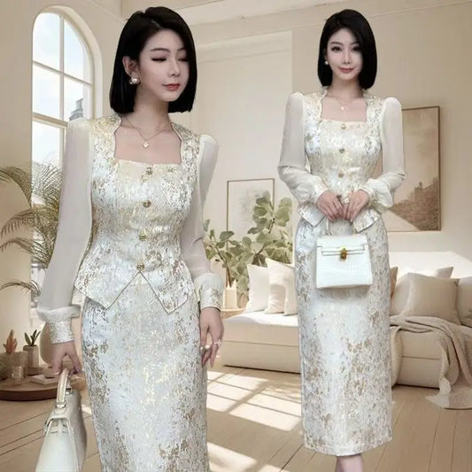 High Quality 2025 Fashion Party Women's Two Pieces Set French Luxury Jacquard Patchwork Tops+High Waist Midi Skirt Women's Suit