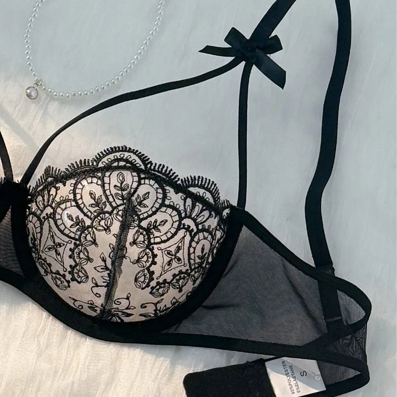 2-piece women's black sexy female lingerie lightweight bow semi transparent lingerie set sexy Lace women's bra and panty set