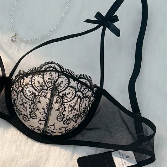 2-piece women's black sexy female lingerie lightweight bow semi transparent lingerie set sexy Lace women's bra and panty set