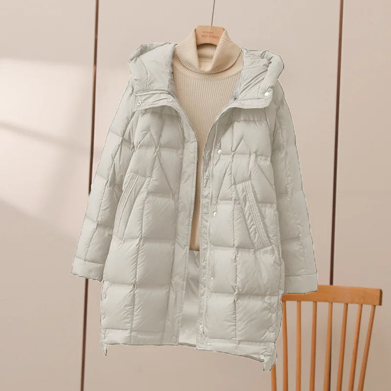 Winter Long 90% White Duck Down Jacket Women Hooded Zipper Puffer Coat Casual Warm Loose Puffer Feather Parka