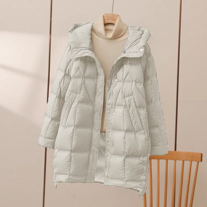 Winter Long 90% White Duck Down Jacket Women Hooded Zipper Puffer Coat Casual Warm Loose Puffer Feather Parka