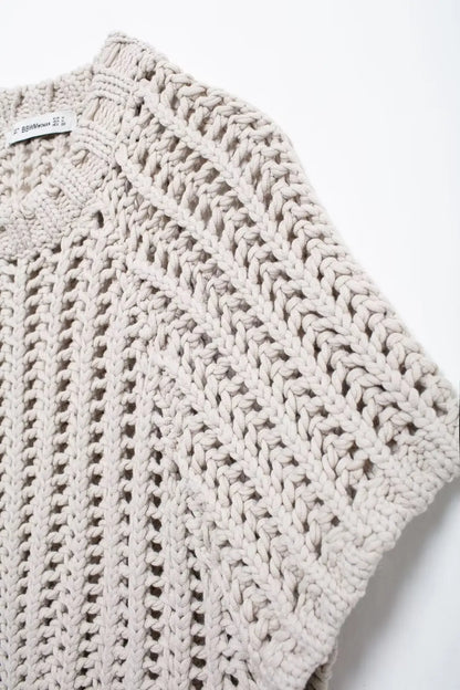 EDSA Women Chunky Knit Top with Side Straps O-Neck Short Sleeves Hollow Out Cropped Sweater Pullover for Casual Female