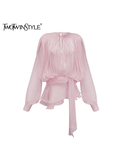 TWOTWINSTYLE Solid Patchwork Lace Up Mini Dresses For Women O Neck Long Sleeve High Waist Designer Dress Female Fashion Style