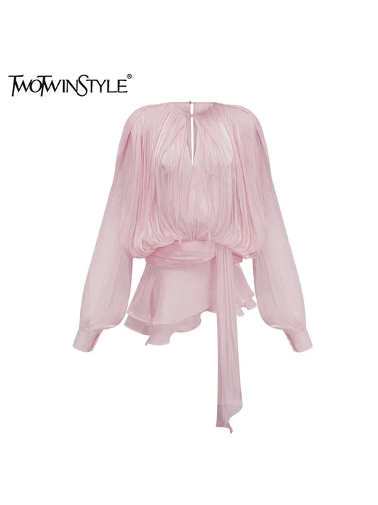 TWOTWINSTYLE Solid Patchwork Lace Up Mini Dresses For Women O Neck Long Sleeve High Waist Designer Dress Female Fashion Style