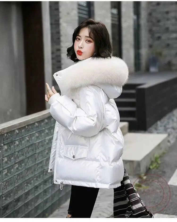 2025 Winter Fashion New Warm Duck Down Jacket Women's Clothes Glossy Fur collar Thicken Parka Short Down Coat Female Trend
