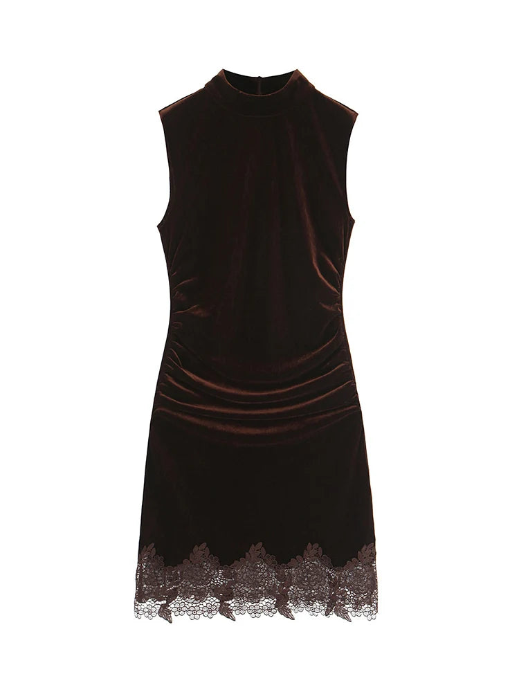 TFMLN Elegant Solid Velvet Dress For Women Chic Lace Spliceing Half High Collar Slim Sleeveless Short Dress Fashionable Ladies