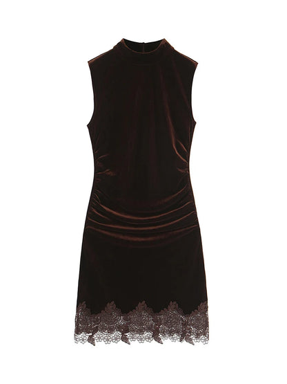TFMLN Elegant Solid Velvet Dress For Women Chic Lace Spliceing Half High Collar Slim Sleeveless Short Dress Fashionable Ladies
