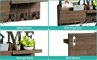 1pc Wall Hanging Storage Holder Wooden Wall Mounted Storage Rack with 7 Hooks Plant Mail Storage Organizer for Home Decor