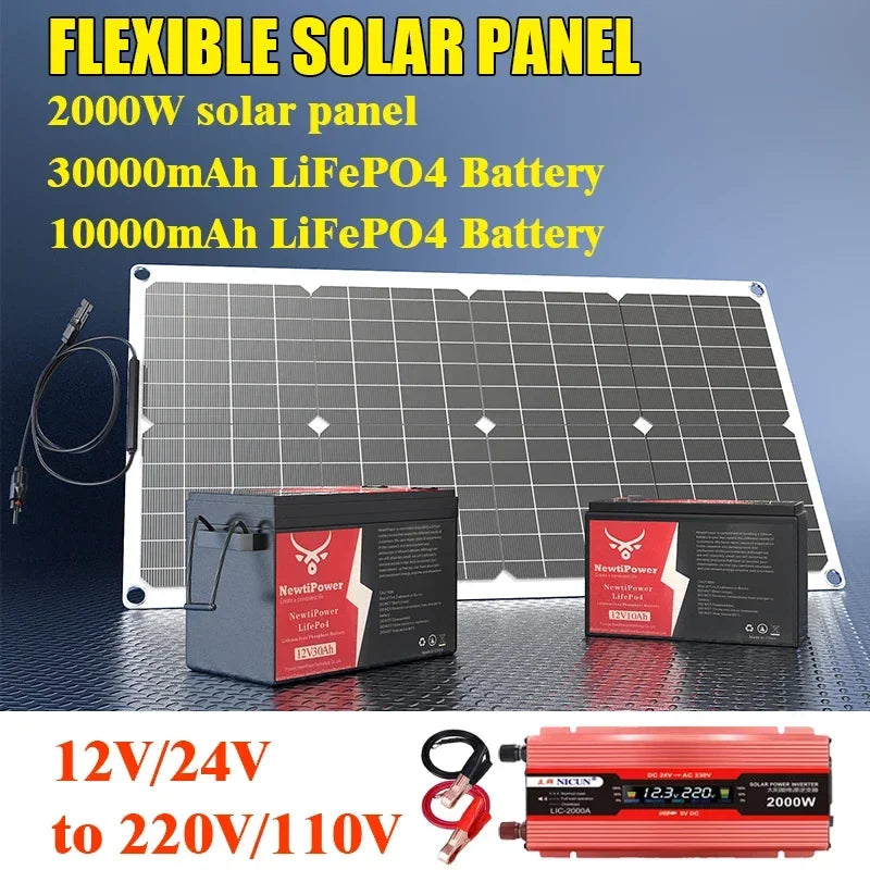 2000W Off-Grid Solar Complete Kit Power 100A Controller,110V 220V Inverter&10AH 30AH LiFePO4 Battery for Home/RV/Camping