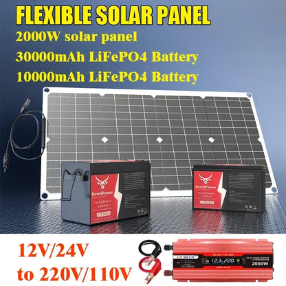 2000W Off-Grid Solar Complete Kit Power 100A Controller,110V 220V Inverter&10AH 30AH LiFePO4 Battery for Home/RV/Camping