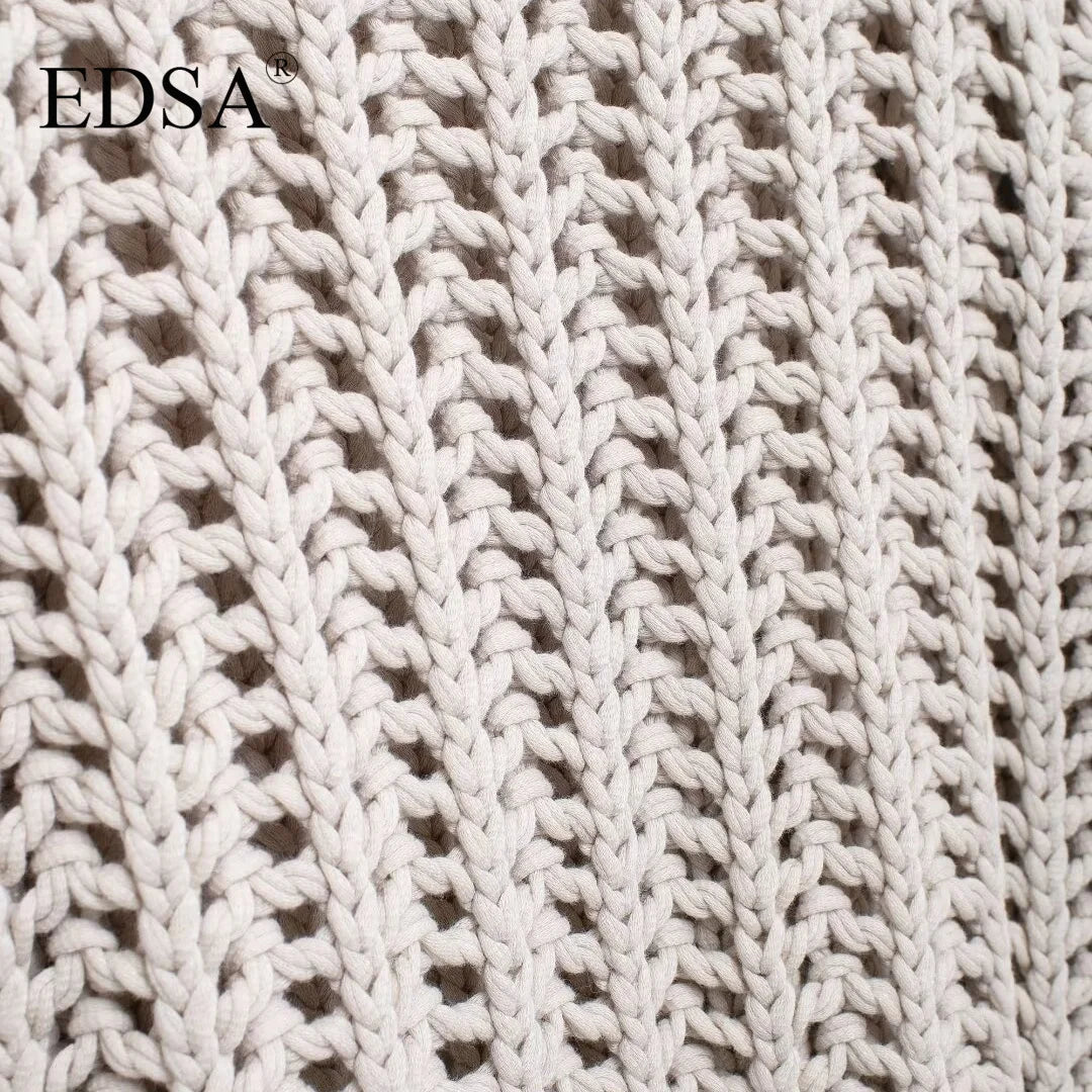 EDSA Women Chunky Knit Top with Side Straps O-Neck Short Sleeves Hollow Out Cropped Sweater Pullover for Casual Female