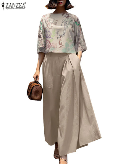 2025 ZANZEA Summer Pant Sets Fashion 2PCS Women Matching Sets O Neck 3/4 Sleeve Blouse Wide Leg Trousers Suit Casual Outfits