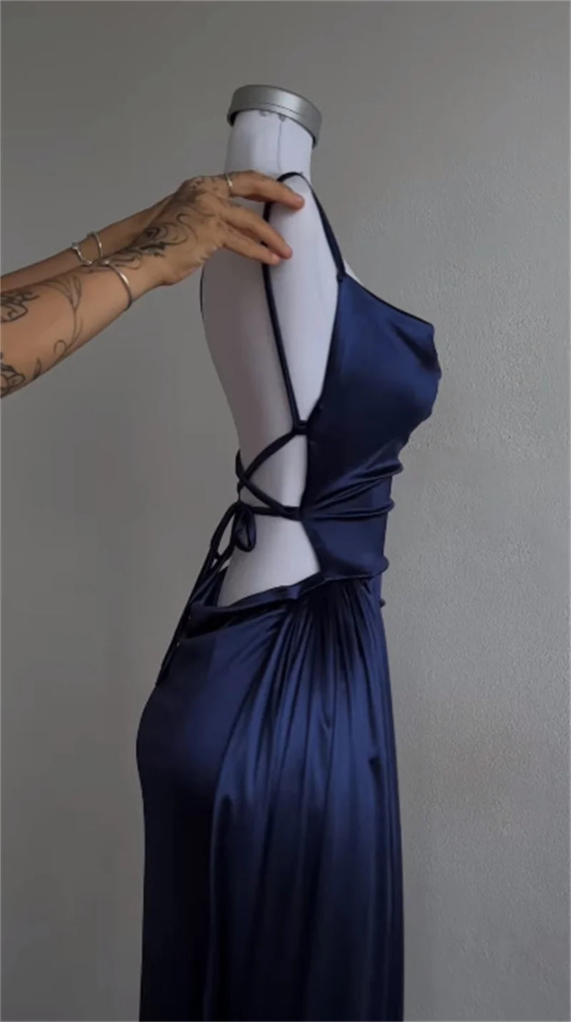 Y2K Backless Sleeveless Long Dress Women Summer Lace Up Swinging Collar Party Club Evening Black Dresses Sexy Slim Sundress