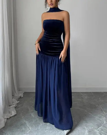 Womens Dresses  Spring Summer New Elegant Temperament Solid Color Strapless Patchwork Sleeveless Casual Long Dress