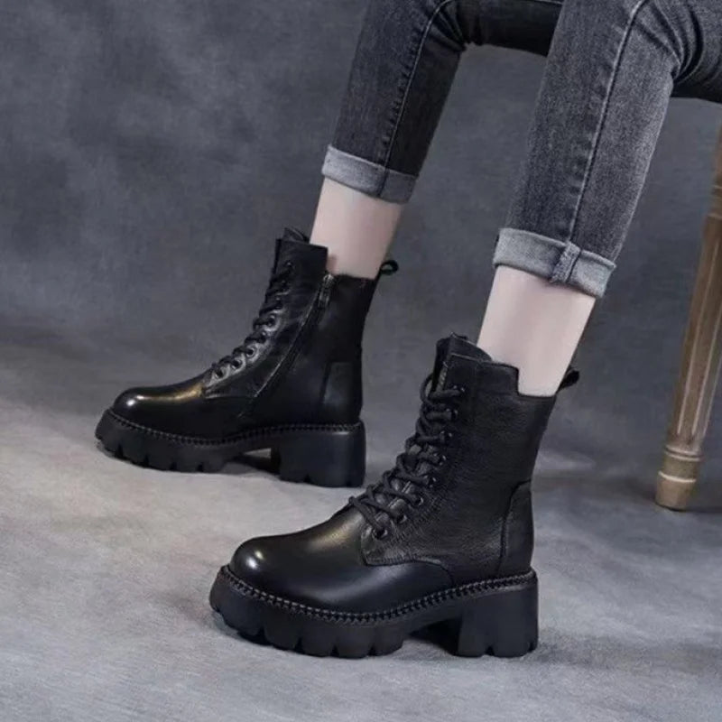 Autumn Winter Retro Women's Korean Style Thick-Soled New Short Boots Women's Lace-Up Casual Plus Size Women's Boots