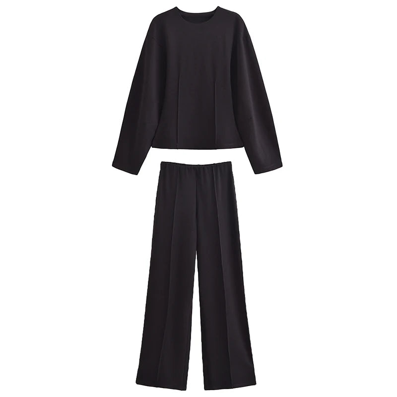 TRAFZA Women New Fashion Slimming 2-Piece Set Double-Sided Fabric O-Neck Long-Sleeve Top+Elegant Stretch Long Pants Female Suit