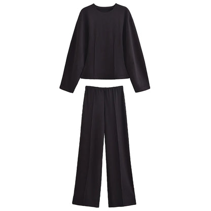 TRAFZA Women New Fashion Slimming 2-Piece Set Double-Sided Fabric O-Neck Long-Sleeve Top+Elegant Stretch Long Pants Female Suit