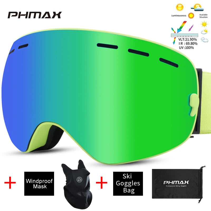 PHMAX Ski Goggles Men Snowboard Glasses Women Winter Outdoor Snow Sunglasses UV400 Double Layers Lens Anti-Fog Skiing Goggles