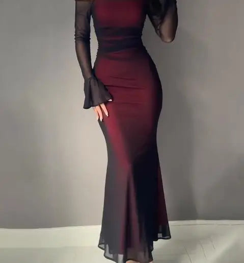 Womens Dresses Spring Autumn New Fashionable Solid Color Long Sleeved Off Shoulder Hip Hugging Temperament Slim Fit Dress