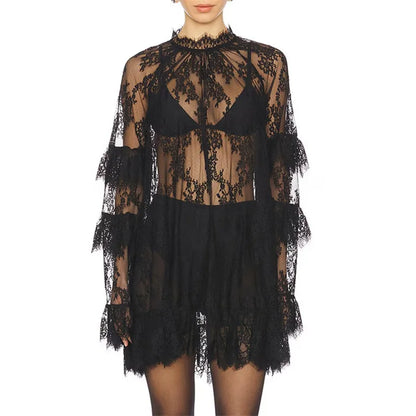 hirigin Women Lace Sheer Dress Sexy See Through Mesh Long Sleeve High Neck Floral Cover Up Cocktail Party Mini Dresses
