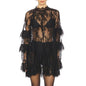 hirigin Women Lace Sheer Dress Sexy See Through Mesh Long Sleeve High Neck Floral Cover Up Cocktail Party Mini Dresses