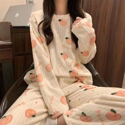 Ruffles Pajamas for Women Autumn Winter Peter Pan Collar Ruffle Sleeve Pajama Top and Elastice Waist Pants 2 Pcs Pajama Sets