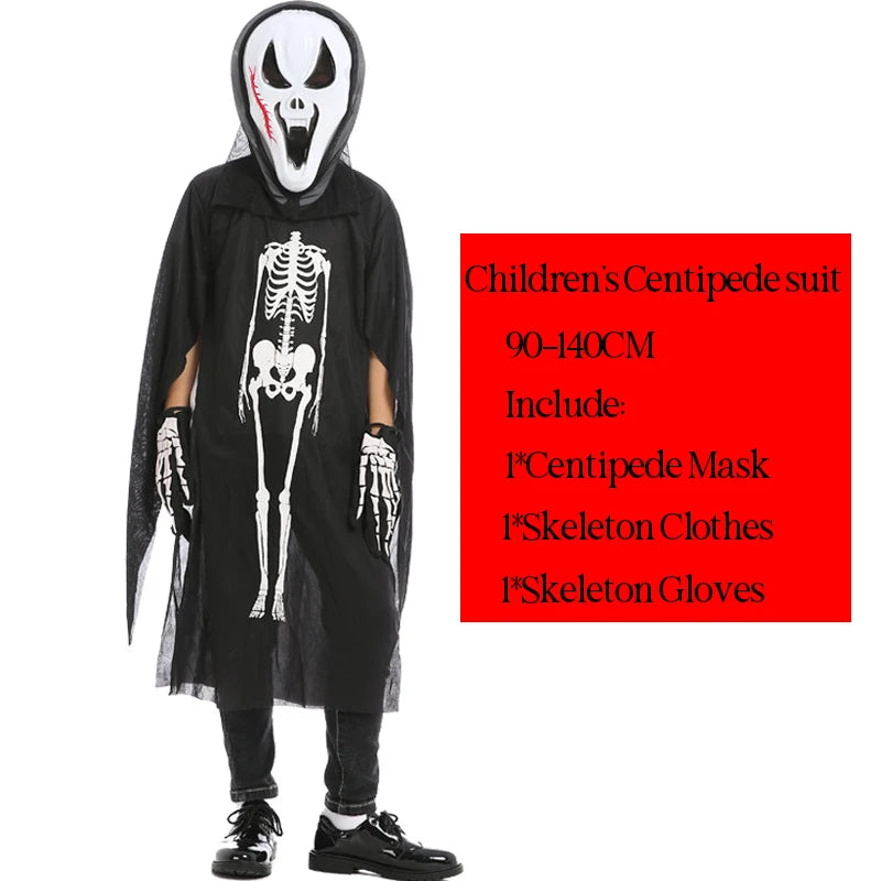 Halloween Scary Skeleton Ghost Cosplay Costume Masks Gloves Costume Suit Masquerade Carnival Horror Clothes for Adults Kids