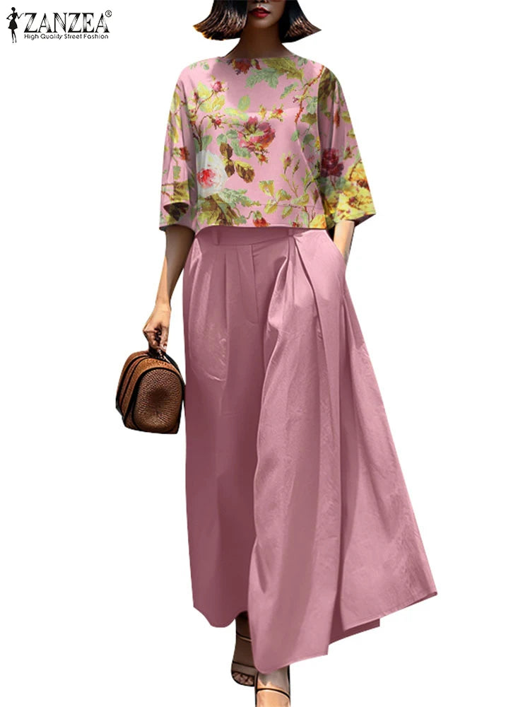 2025 ZANZEA Summer Pant Sets Fashion 2PCS Women Matching Sets O Neck 3/4 Sleeve Blouse Wide Leg Trousers Suit Casual Outfits