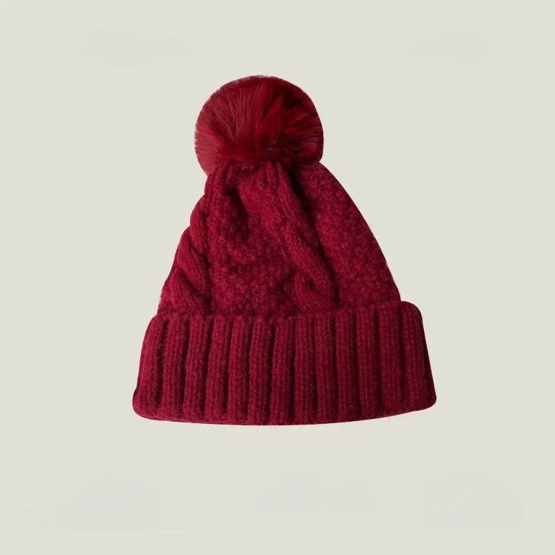 Winter Twist Knitting Hats Warm Fur Pompom Thick Plush Cap Beanies Solid Ladies Versatile Ski Snow Skullies Beanies Velvet Hat