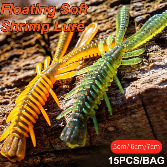 15PCS Floating Soft Shrimp Fishing Bait 5/6/7CM NED Rig Wobbler Shrimp Swim Lure Jig Salt Silicone Swimbait with Fish Attractant