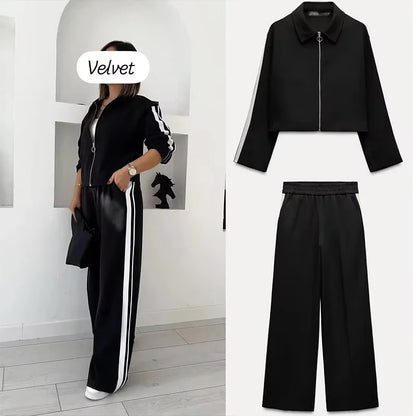 TRAFZA 2024 New Women Casual Black Trousers Suits Sports Short Jacket + Female Vinatge Black White Patchwork Baggy Pants Street