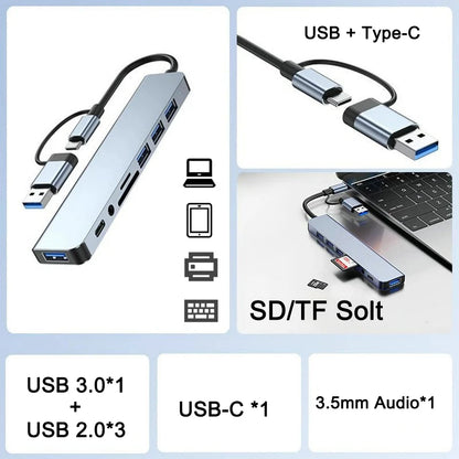 USB HUB with detachable card reader, USB C port, USB 3.0 / 2.0, SD/TF detachable card reader, docking station, accessories