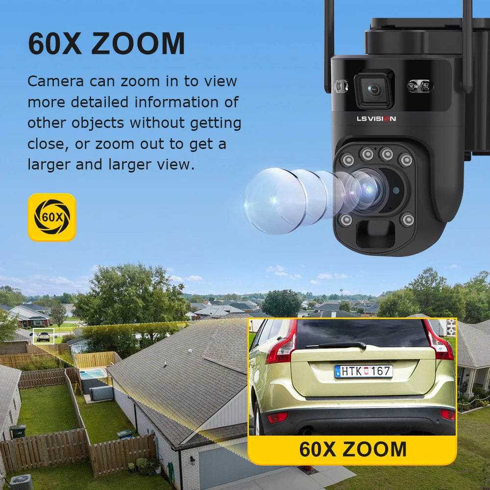 Ubox 12MP 60X Zoom 4G LTE Solar Camera Dual Screen Outdoor WiFi Security Camera PTZ PIR Detection Auto Tracking CCTV Waterproof