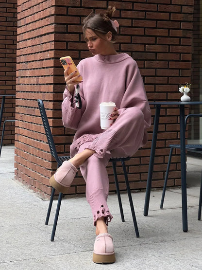 Bornladies Autumn Winter Women's New Turtleneck Knit Sweater Skinny Knit Pants Set Soft Oversized Ripped Hem Fashion Pullover