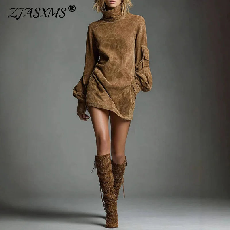 Autumn Retro Solid Suede Mini Short Dresses Sexy Turtleneck Slim Woman Pullover Dress Winter Long Sleeve Pockets Female Clothing
