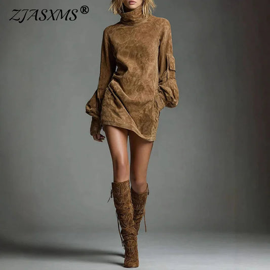 Autumn Retro Solid Suede Mini Short Dresses Sexy Turtleneck Slim Woman Pullover Dress Winter Long Sleeve Pockets Female Clothing