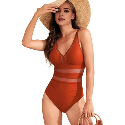 Hollow Mesh Splicing Monokini Swimsuit Stylish Women's Mesh Splicing One-piece Swimsuit Tummy Control V-neck Monokinis Beachwear