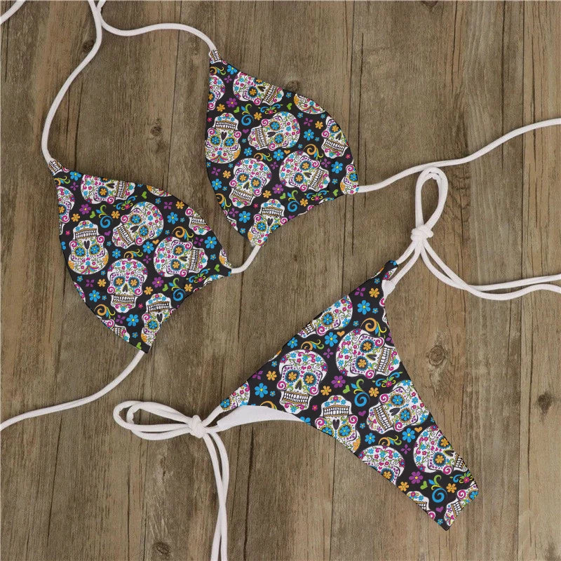 Women Swimwear Skull Printed Swimsuit Biquini Feminino Para Praia 2024 Bikini Set Beach Two Piece Swimwear New Padded Swimsuit