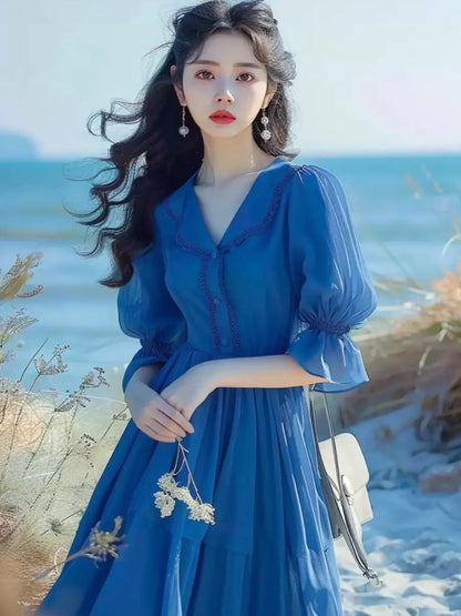 French Blue Bubble Sleeve Dress with Waist Cinching Summer New Style Seaside Vacation Temperament Fresh Dress