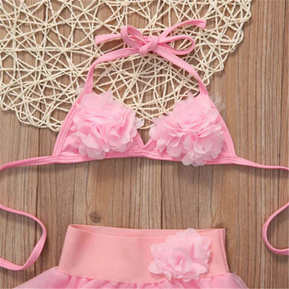 1-6years Baby Girls Swimwear Solid Pink Hanging-Neck Floral Top Tutu Skirt With Panty Swimsuits For Girl Summer Beach Bikini Set