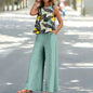 Bohemian Leaf Print Holiday Pants Set Round Neck Elegant Temperament Summer Sleeveless Top And Pants Hawaii Vacation Womenswear