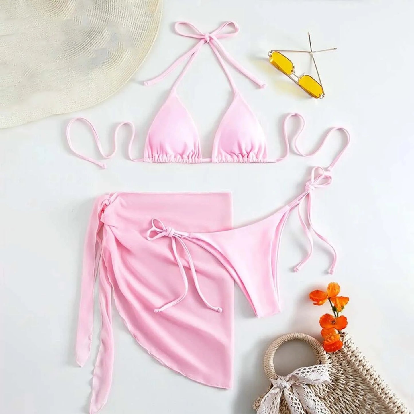 Sexy Three Pieces Bikini Set Women Summer Bikini With Sarong Skirt Solid Color Triangle Cup Tie Up Female Swimwear Swimming Suit