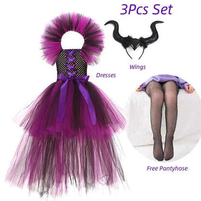 Maleficent Costume Deluxe Girls Halloween Carnival Party Black Trailing Mesh Dress Kids Cosplay Demon Queen Witch Clothes