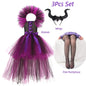 Maleficent Costume Deluxe Girls Halloween Carnival Party Black Trailing Mesh Dress Kids Cosplay Demon Queen Witch Clothes