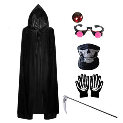 Kid Halloween Costume Set with Glowing Red Eyeglasses Skeleton Mask Death Cloak and Sickle Accessories for Scary Dress Up Partie