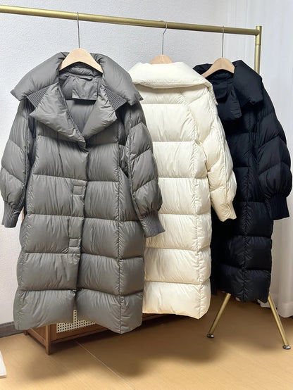 Schinteon Women White Duck Down Long Jacket Autumn Winter Warm Casual Over Size Loose Outwear Soft Comfortable Fashion Coat New