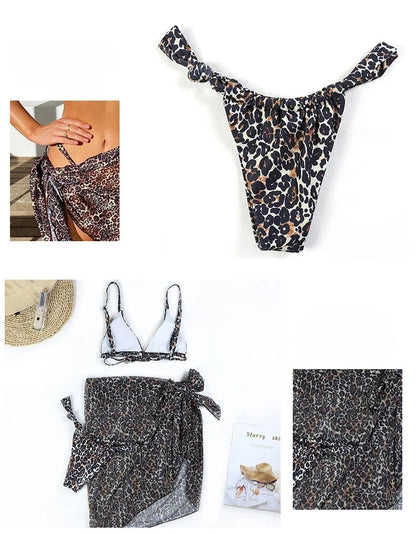 3 Piece Bikini Set Sexy Swimwear Swimsuit Women Triangle Leopard Rainbow Tie Dye Bikinis Set Bathing Suit Beach Skirt Cover Up