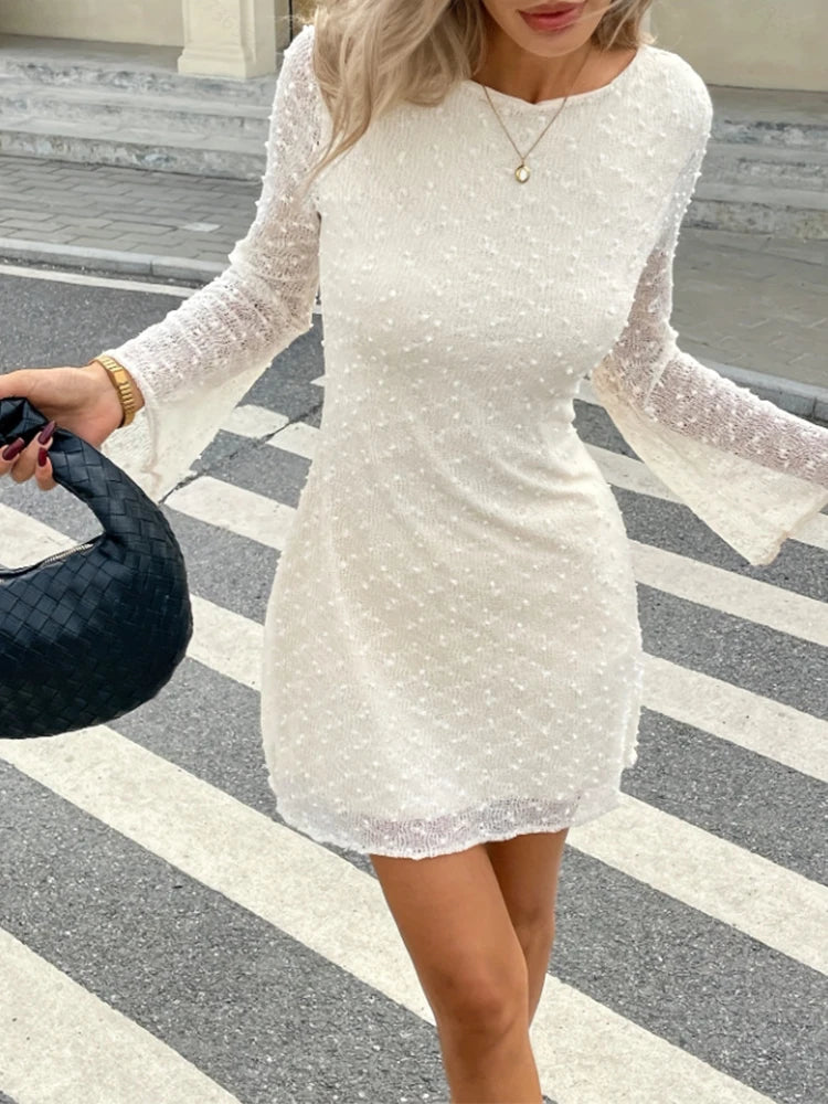Elegant Mini Dress For Women Mesh Printed Fashion O Neck Dress Female Chic Prom Gowns Sexy Slim A-line Dress New Short Skir