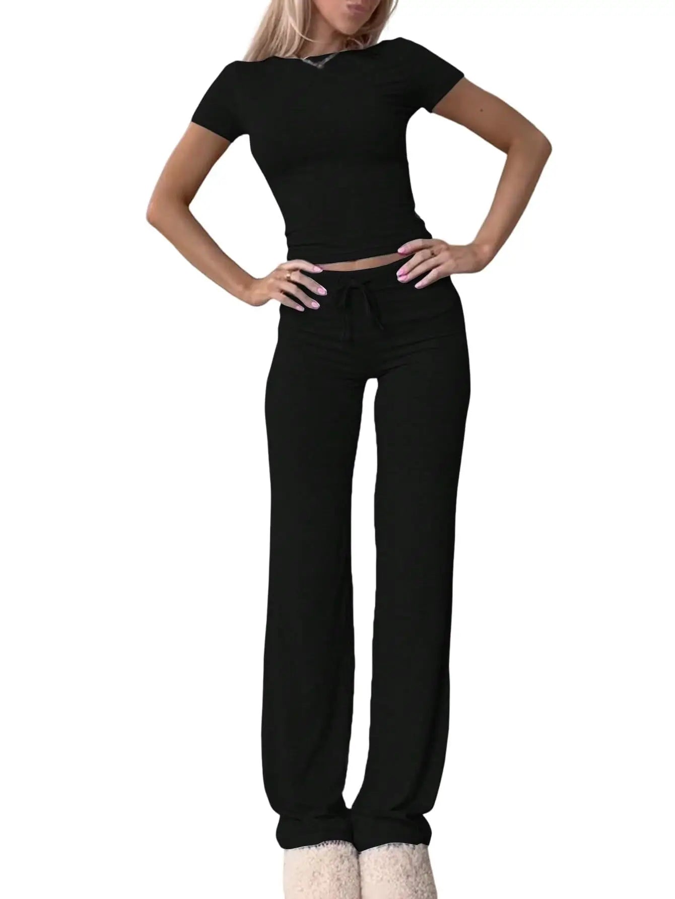 Summer Comfortable Casual Women's Home Sports Set 2025 New Fashionable Solid Color Slim Body Clothes + Trousers Two-piece Set